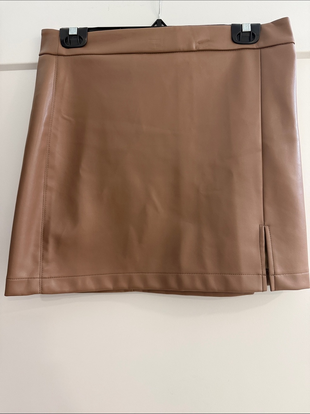 Light Brown Faux Leather Mini Skirt with Side Slit